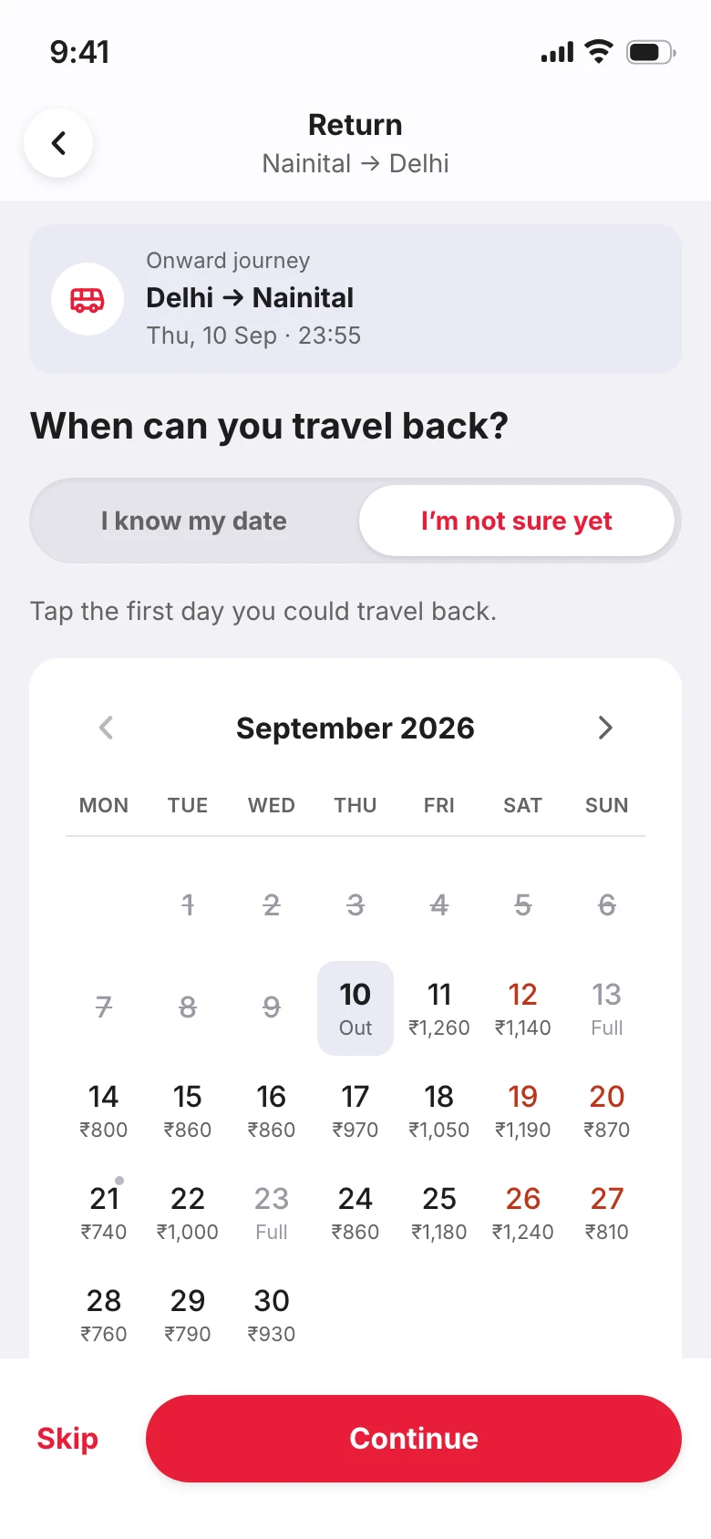 Hi-fi return calendar with 'I'm not sure yet' selected and a fare under every day.