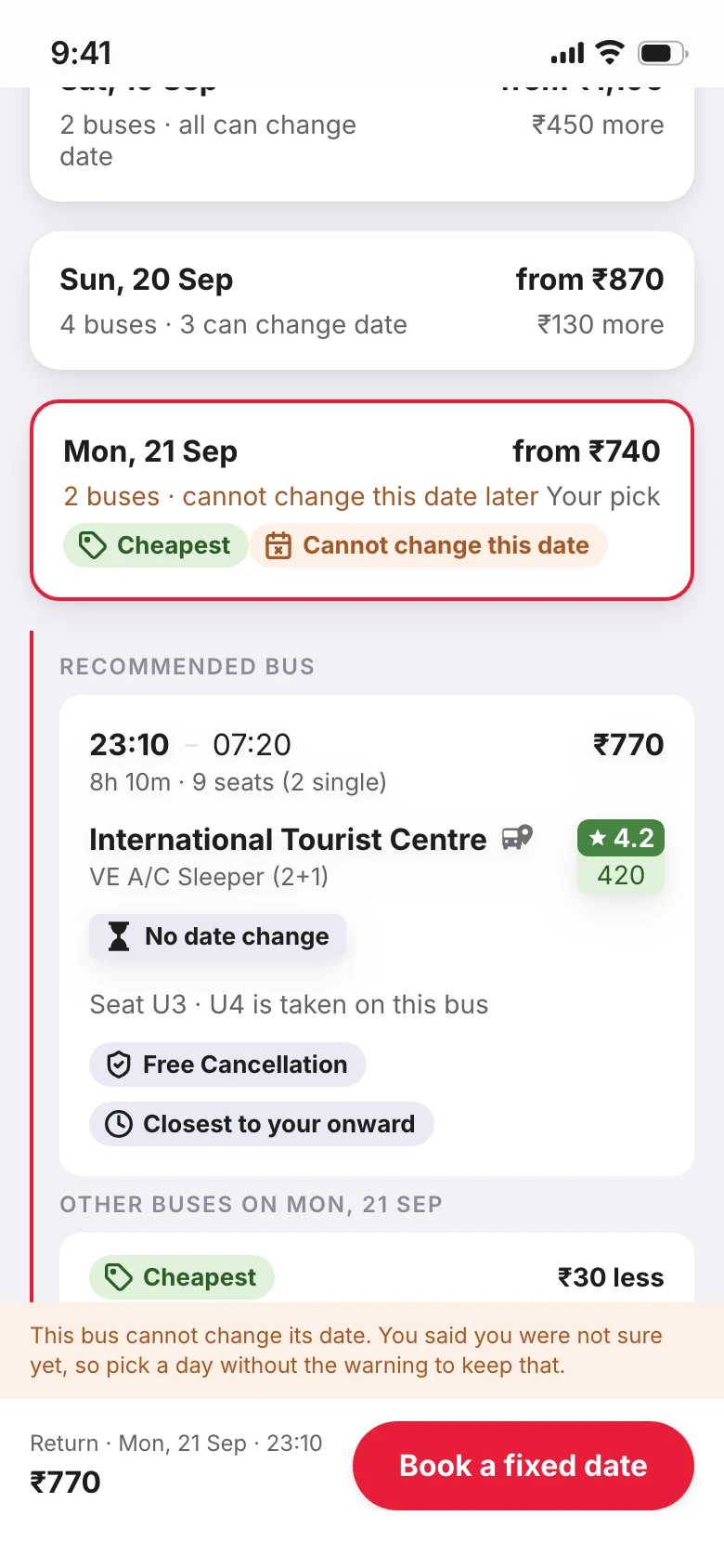 The day list with Mon 21 Sep picked: its bus cannot change date, and the button reads Book a fixed date.