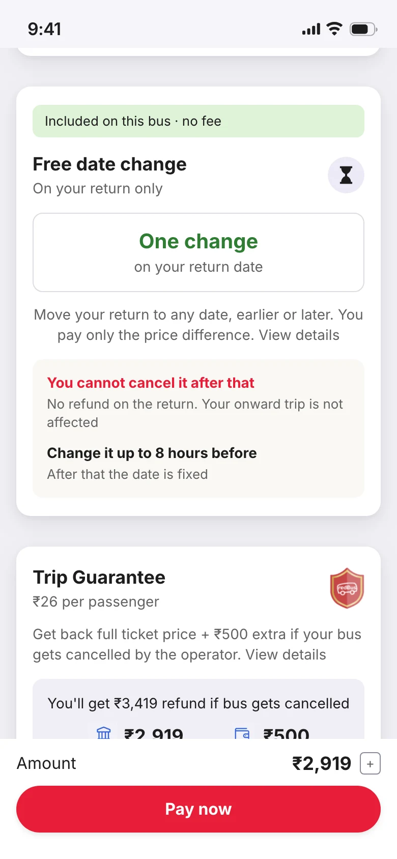 Hi-fi review screen with the Free date change card: one change, and 'You cannot cancel it after that' in red.