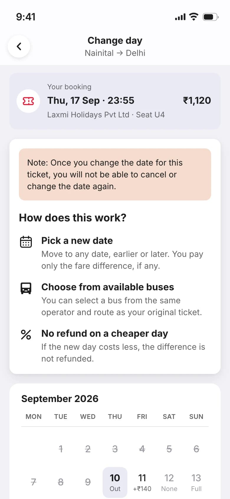 Hi-fi Change day screen: the booking, the note that a changed ticket can't be cancelled, and a calendar with the cost of each day.