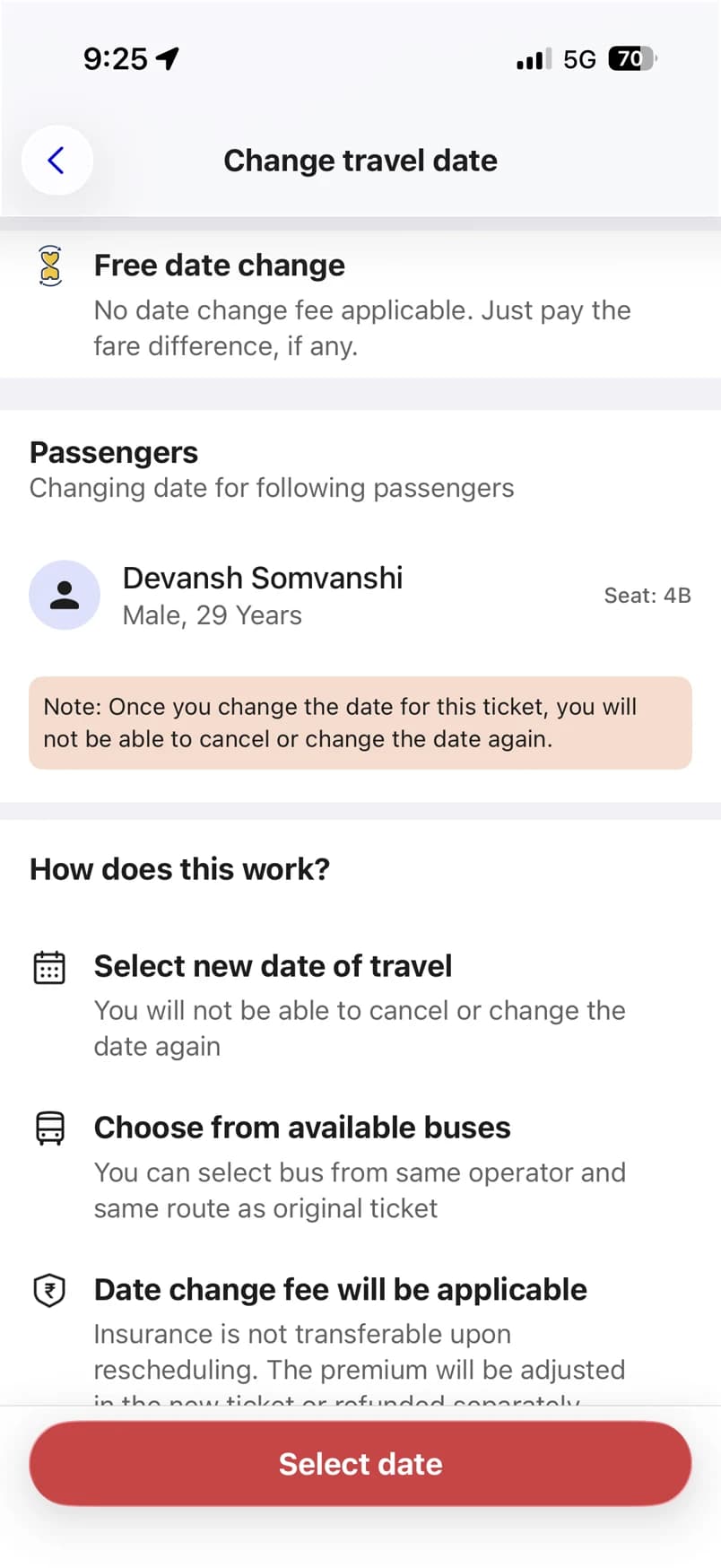 The live RedBus Change travel date screen: 'You can select bus from same operator and same route as original ticket'.