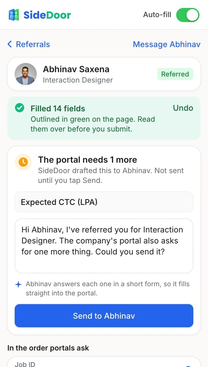 The extension: Filled 14 fields, then The portal needs 1 more, a draft to Abhinav asking for Expected CTC, and Send to Abhinav.