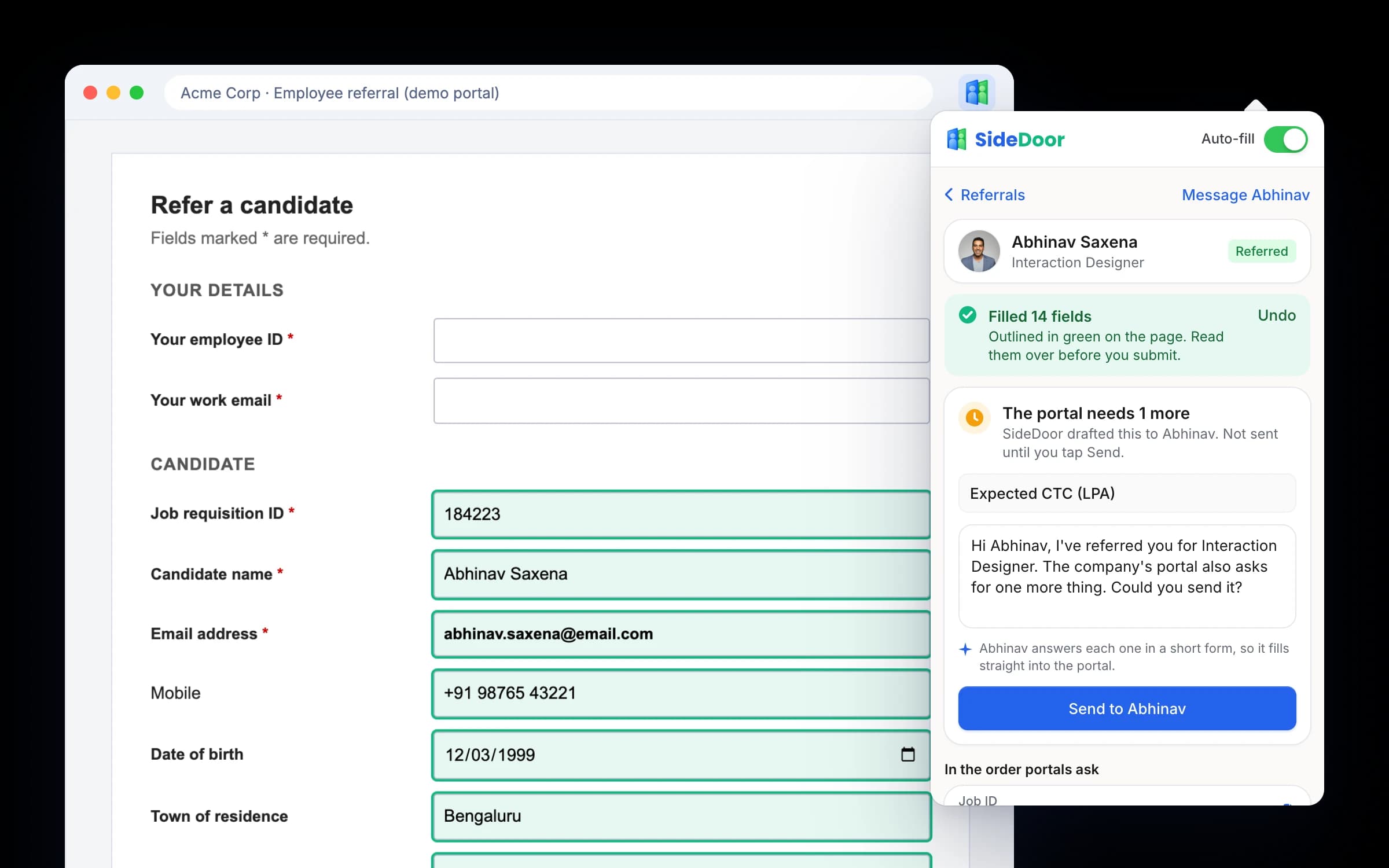 A browser with a demo referral portal. The SideDoor extension is open on the right: Filled 12 fields, with Undo. The candidate's fields are outlined in green, the referrer's own fields are empty, and a draft to Abhinav asks for the one thing the portal still needs, Expected CTC.
