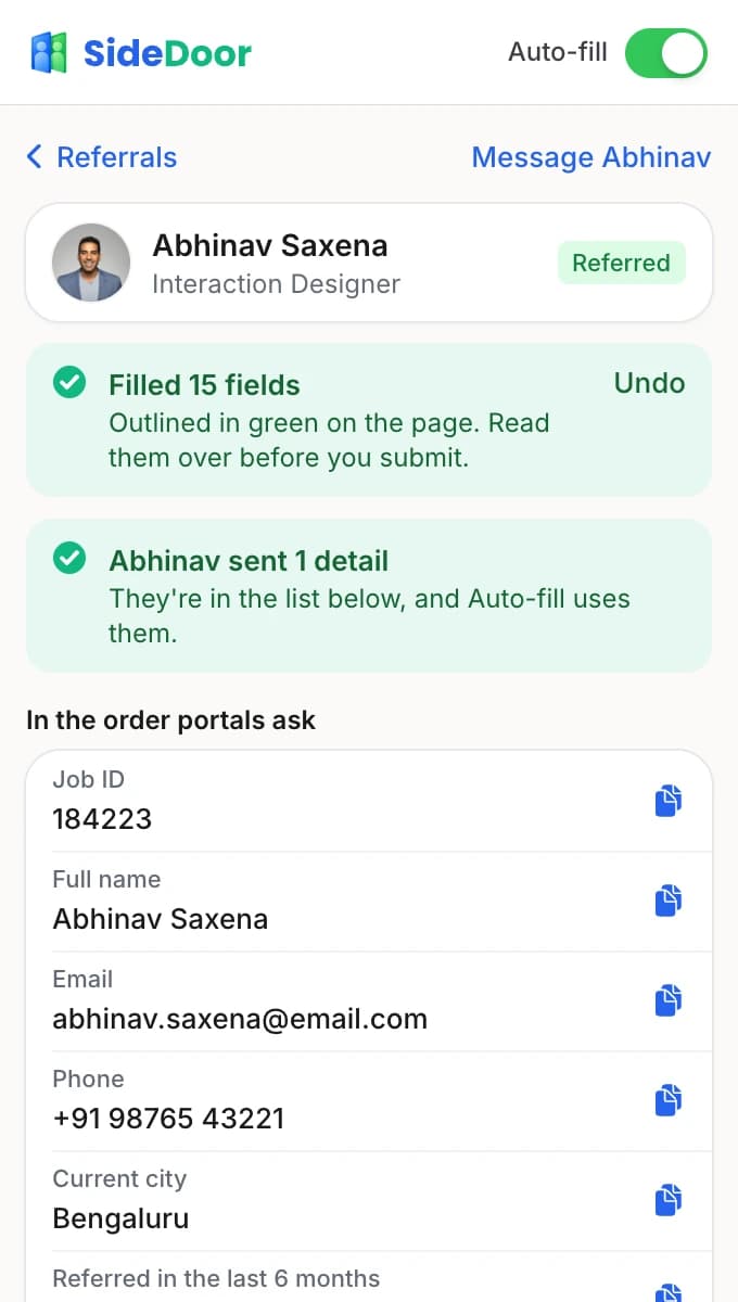 The extension on the next visit: Filled 15 fields, and Abhinav sent 1 detail.