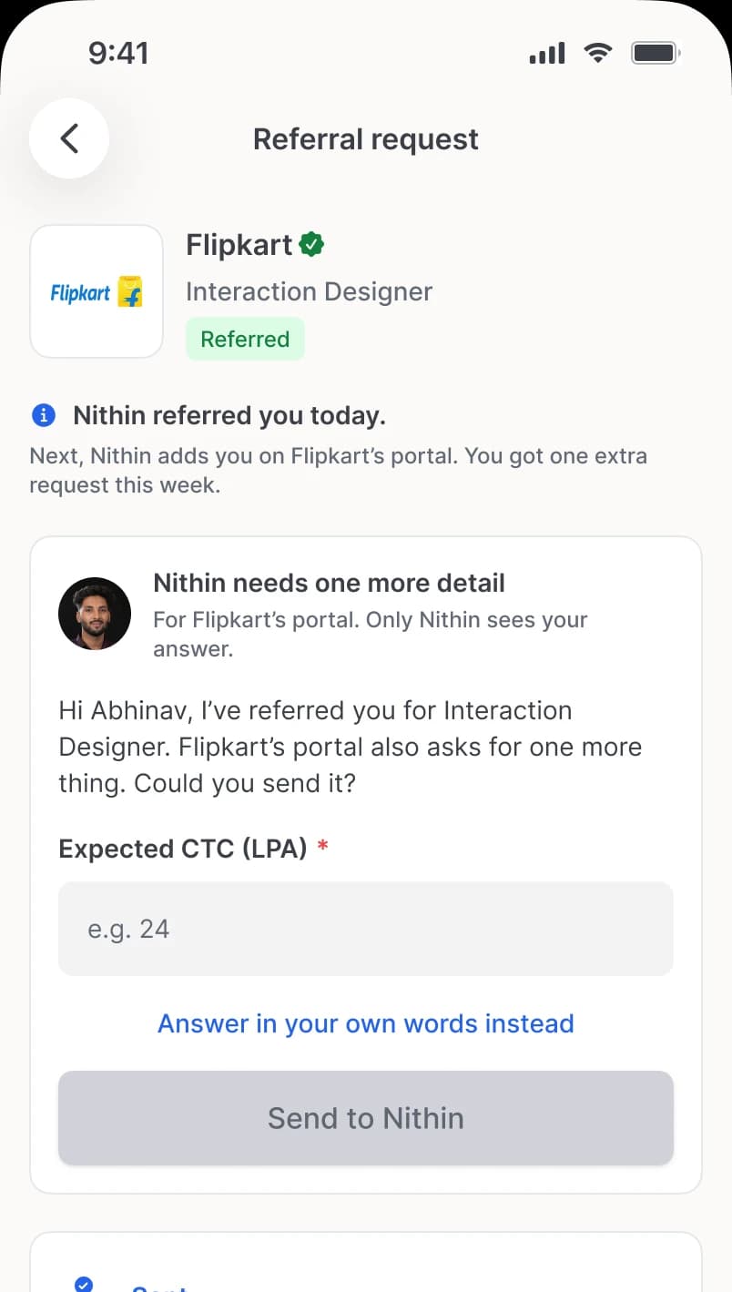 Abhinav's Flipkart request in the SideDoor app: Nithin needs one more detail, Nithin's message, one box for Expected CTC, and Send to Nithin.