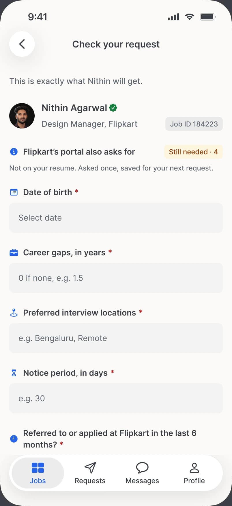 Check your request: the four details Flipkart's portal asks for, then the six month question.