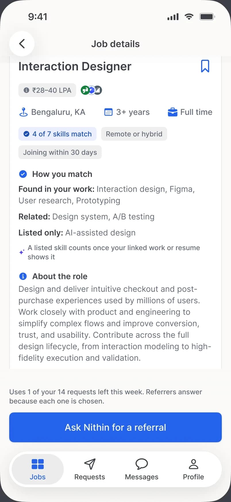 Job details: How you match, with skills found in his work, related skills and one listed only.