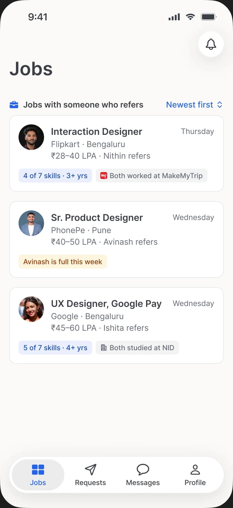 Jobs: three jobs, each with the person who refers, a skills match and a shared background tag.