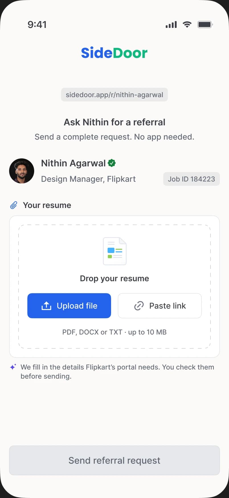 The link page: ask Nithin for a referral, drop your resume.