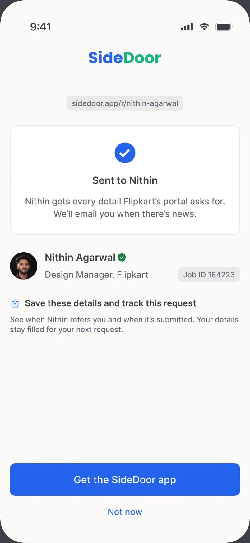 Sent to Nithin, with an option to get the app.