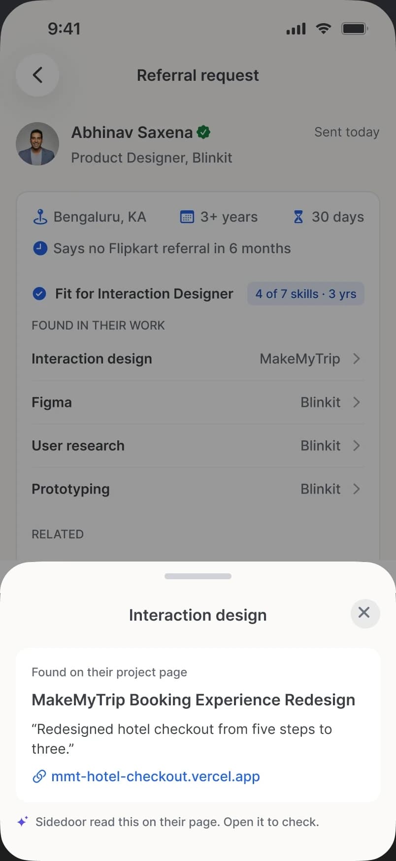 A sheet over the request: Interaction design, found on his project page, with the line quoted and a link to it.