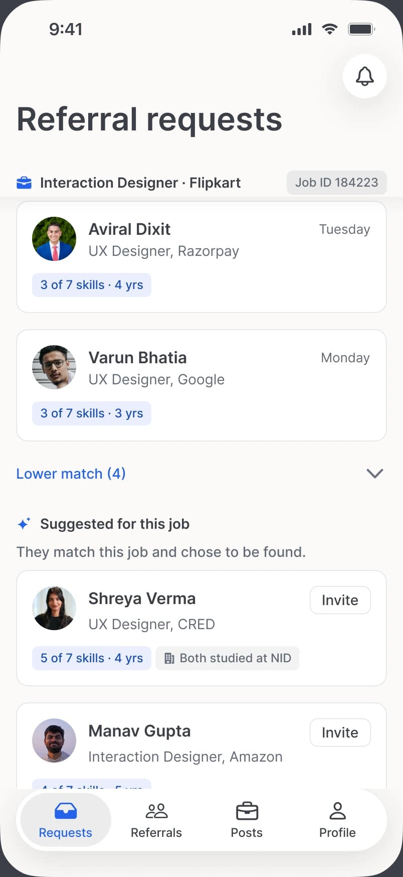 The end of Nithin's list of requests for one job, ordered by fit, with Lower match folded and Suggested for this job below.
