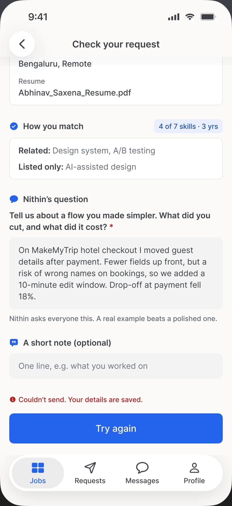 Couldn't send, with Try again.