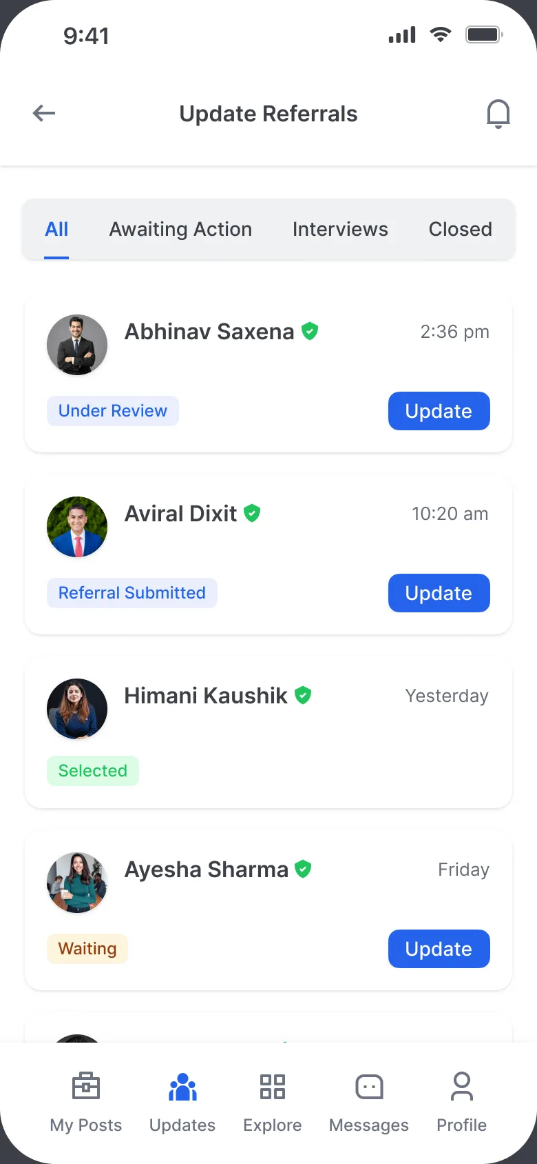 Version 2: Update Referrals, a list with an Update button on each person.